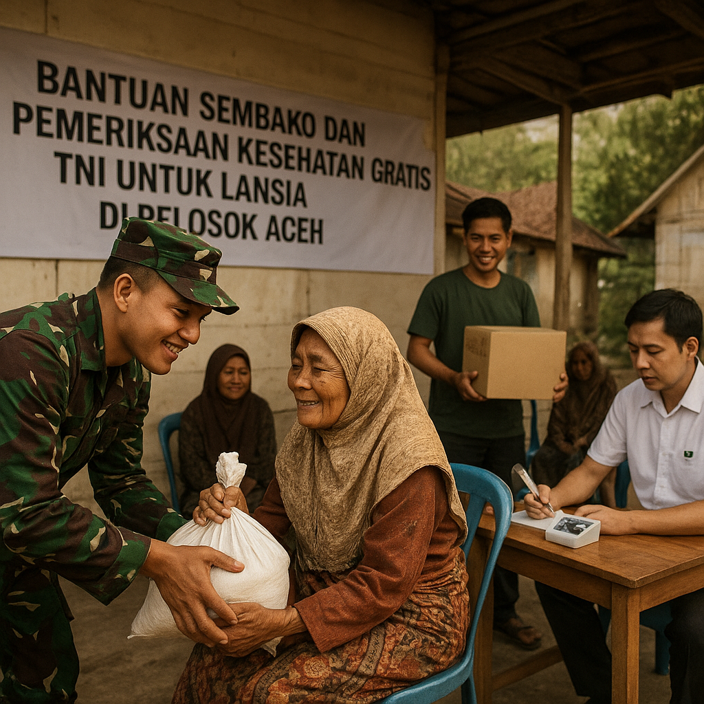 Bantuan Sembako dan Pemeriksaan Kesehatan Gratis TNI untuk Lansia di Pelosok Aceh