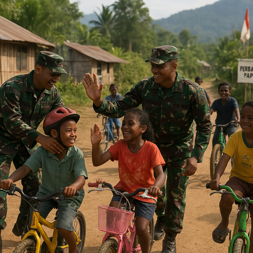 TNI AD Hibur Anak-Anak di Perbatasan Papua dengan Keliling Bersepeda