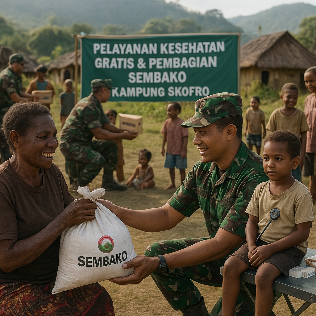 Menjaga Senyum di Perbatasan: Prajurit TNI Bantu Pengobatan Gratis dan Bagikan Sembako di Masyarakat Perbatasan Papua