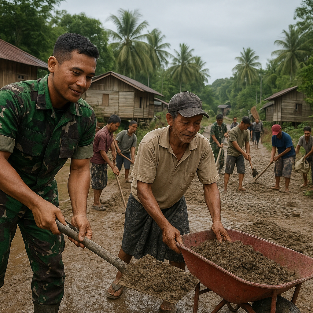 TNI Bantu Perbaiki Jalan Usai Banjir di Desa Terpencil Kalimantan