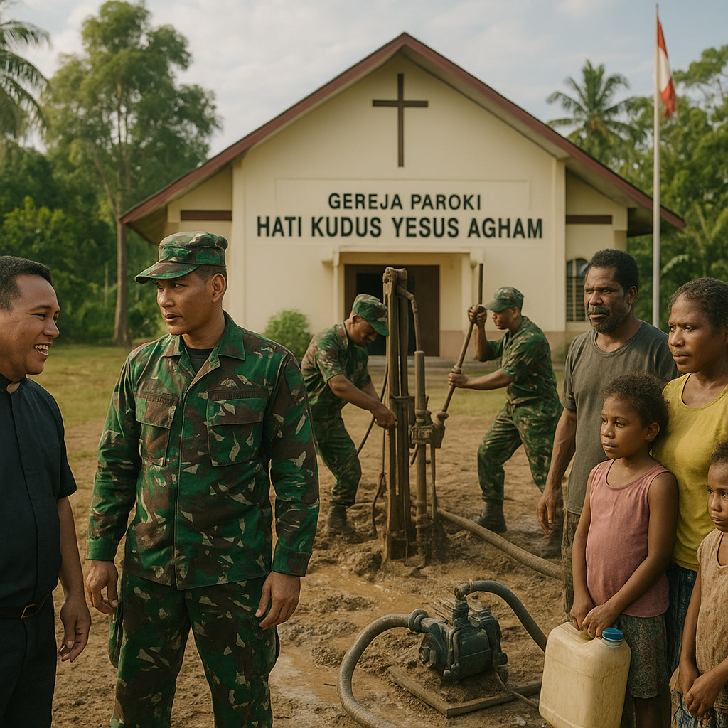 TNI Bangun Sumur Bor di Gereja Paroki Hati Kudus Yesus Agham, Mappi