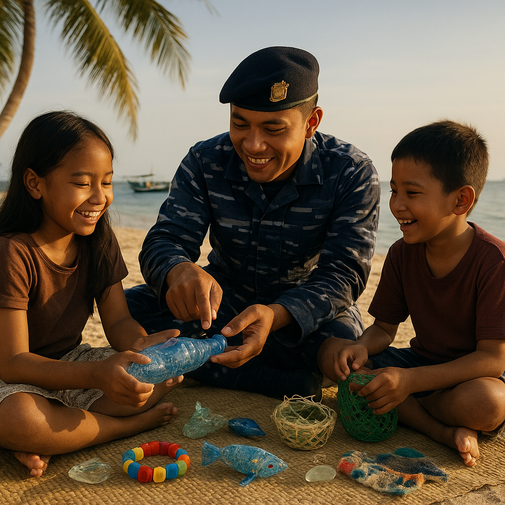 Serdik TNI AL Ajari Anak-Anak Pulau Terpencil Membuat Kerajinan dari Sampah Laut