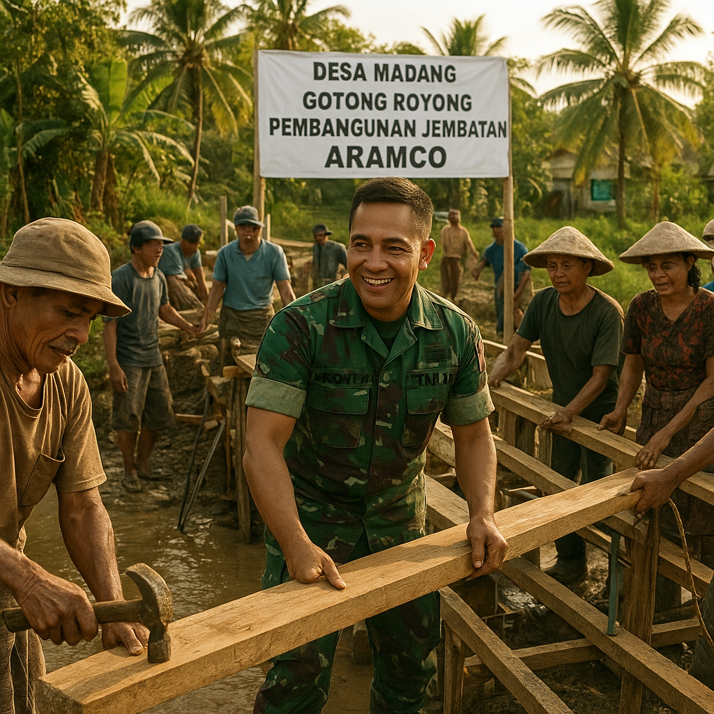Babinsa dan Warga Bahu-membahu Membangun Jembatan Aramco di Desa Madang