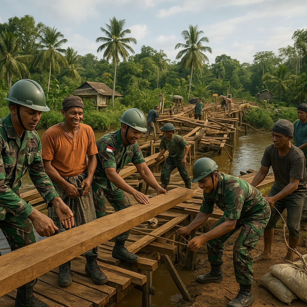 Satgas TNI Bantu Perbaiki Jembatan Putus yang Isolasi Desa di Kalimantan Barat