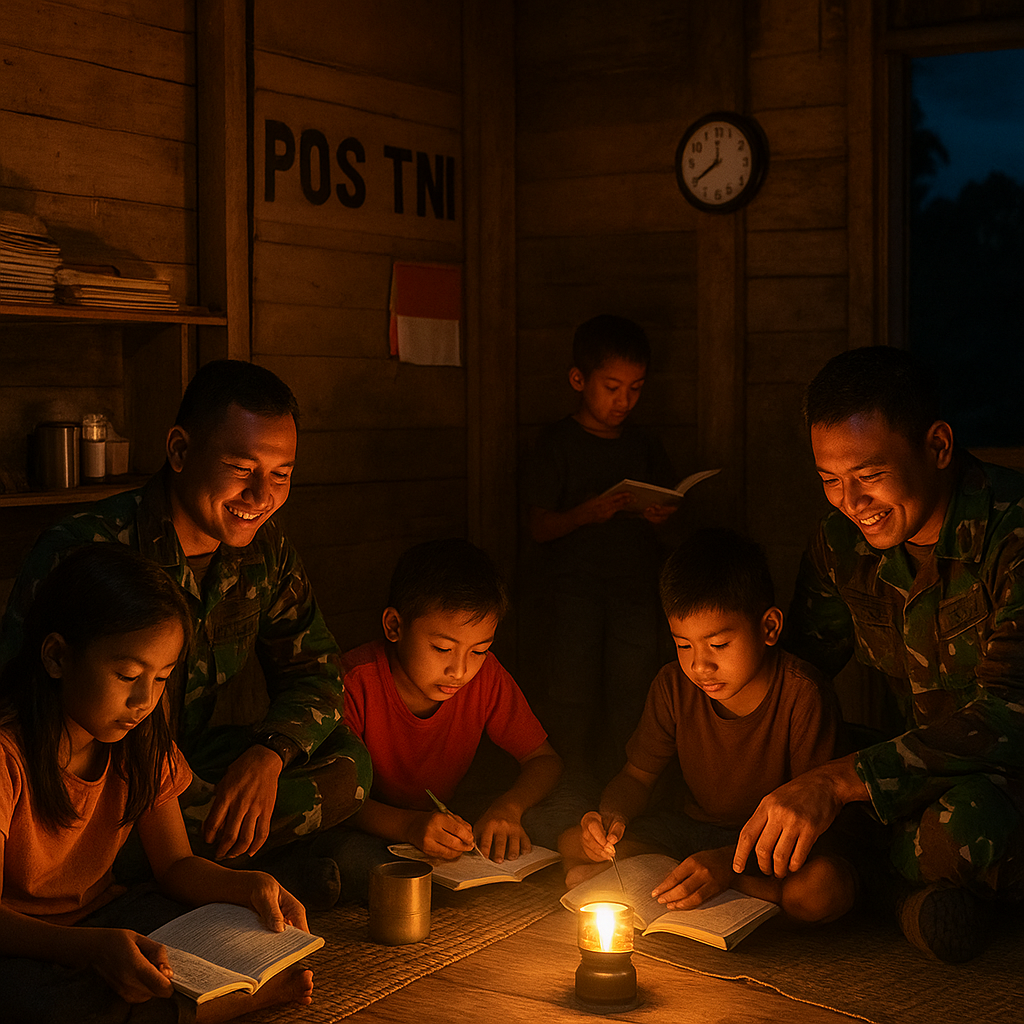 Pos TNI di Perbatasan Kalimantan Jadi Tempat Belajar Anak-Anak Setelah Maghrib