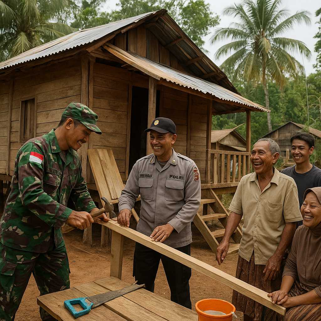 TNI-Polri Bantu Warga Perbatasan Kalimantan Perbaiki Rumah Rusak