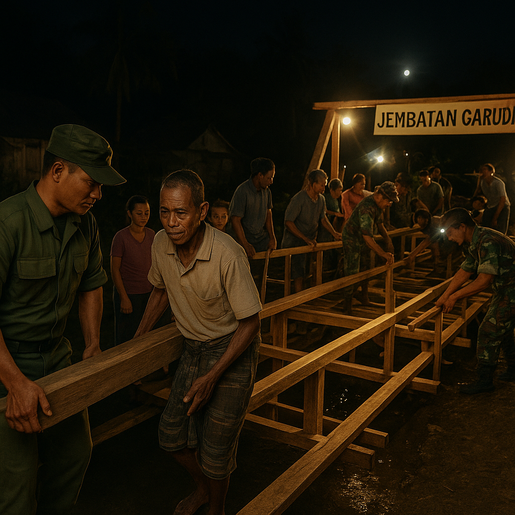 Semangat Tak Padam: TNI dan Warga Kupang Bangun Jembatan Garuda hingga Larut Malam