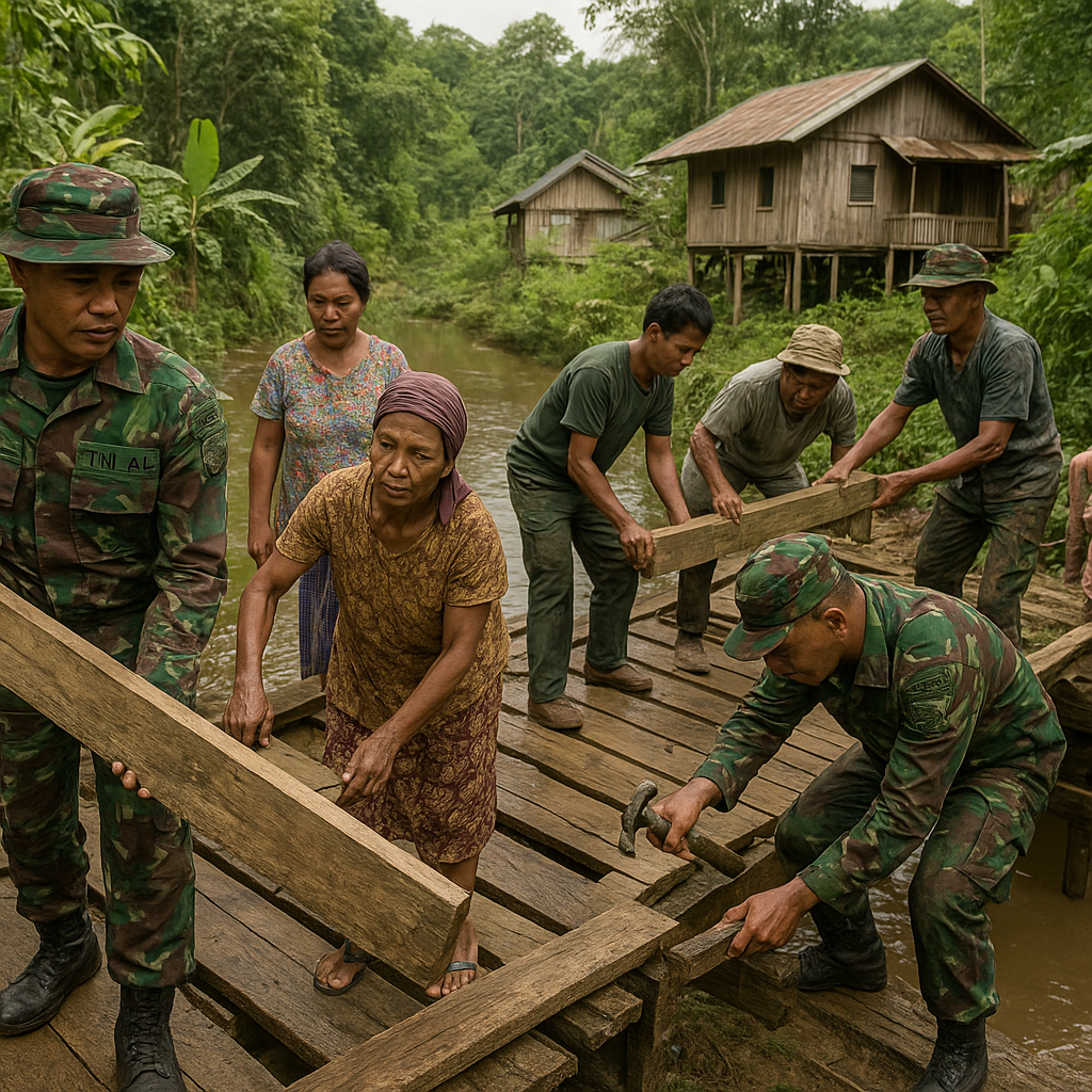 TNI AD Gelar Bakti Sosial Perbaikan Jembatan di Desa Terpencil Malinau