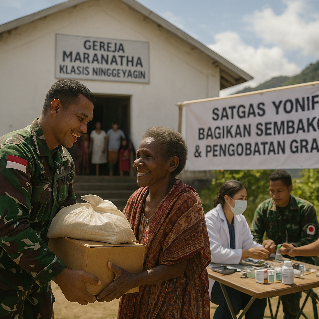 Satgas Yonif di Lanny Jaya Bagikan Sembako dan Gelar Pengobatan Gratis Usai Ibadah Bersama
