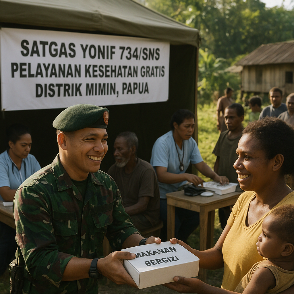 Satgas Yonif 734/SNS Hadirkan Senyum di Mimin, Warga Dapat Makanan Bergizi dan Layanan Kesehatan Gratis