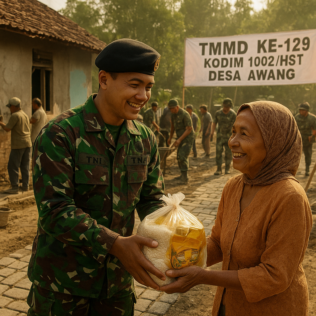 Kodim 1002/HST Garap Jalan dan RTLH di Desa Awang, TMMD Juga Bagi Sembako