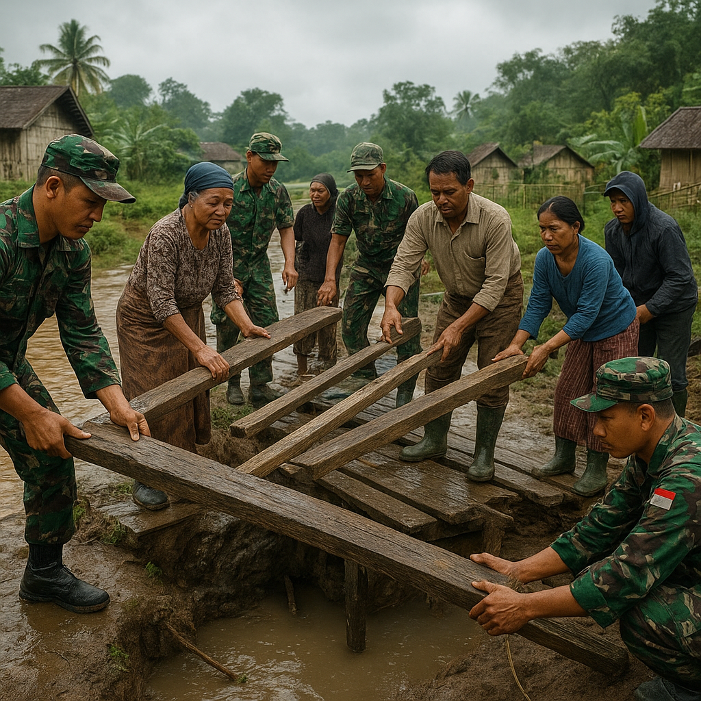 Gotong Royong TNI dan Warga Perbaiki Jembatan Penghubung Antar Dusun yang Rusak