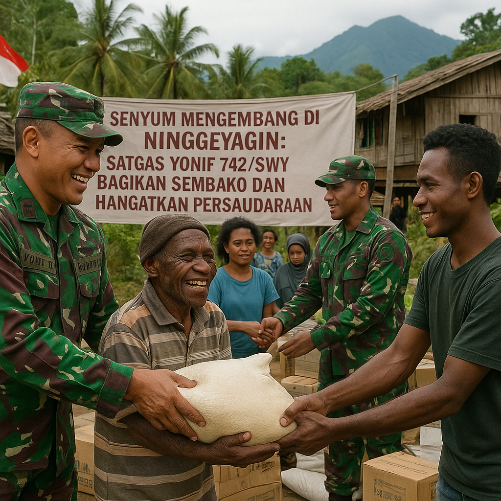 Senyum Mengembang di Ninggeyagin: Satgas Yonif 742/SWY Bagikan Sembako dan Hangatkan Persaudaraan