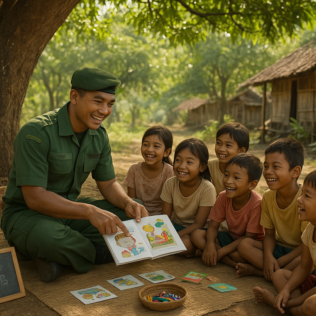 Prajurit TNI Ajak Anak-Anak Dusun Terpencil Belajar Sambil Bermain di Bawah Pohon Rindang