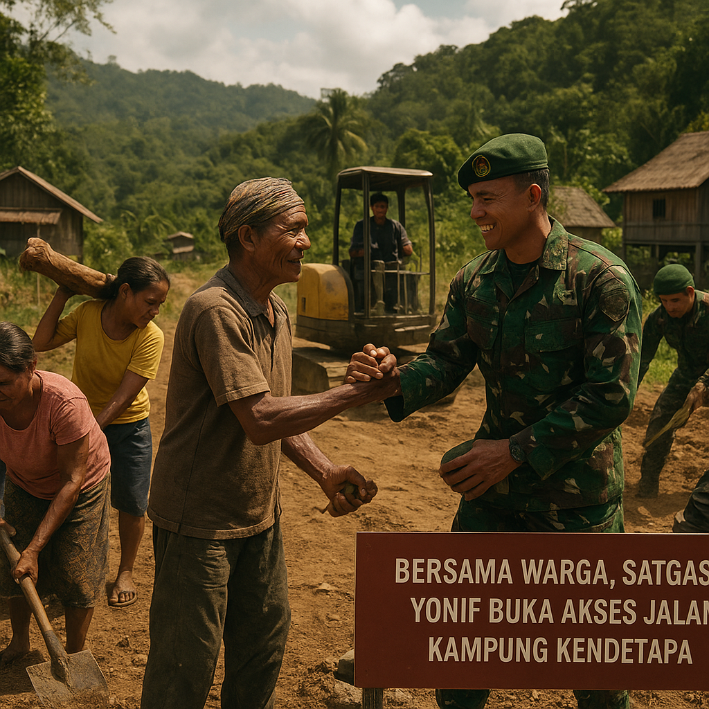 Bersama Warga, Satgas Yonif Buka Akses Jalan Kampung Kendetapa