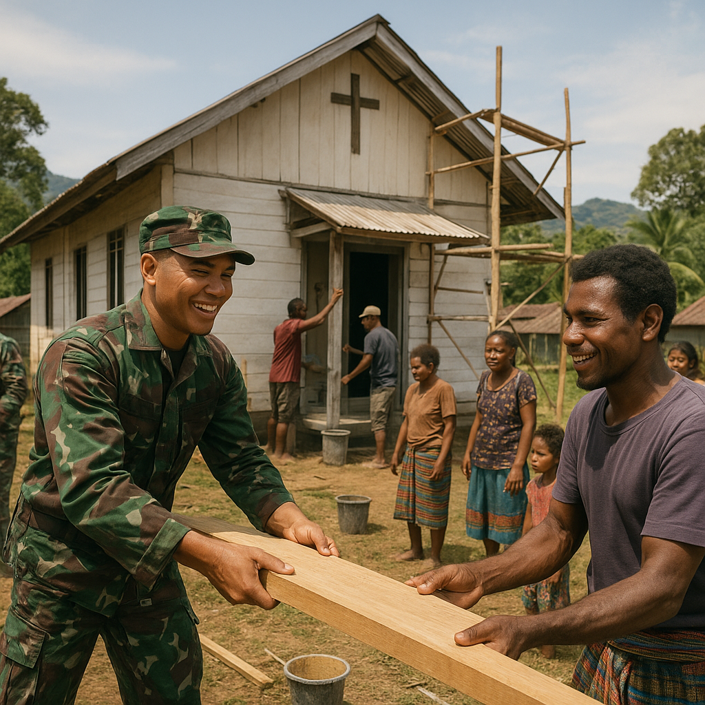 Tangan Prajurit dan Warga Menyatu, Gereja di Perbatasan Papua Kembali Berdiri