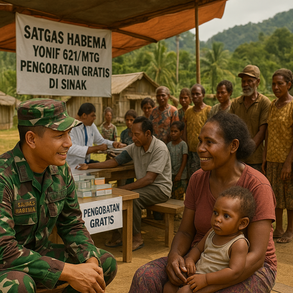 Satgas HABEMA Yonif 621/Mtg Gelar Pengobatan Gratis di Sinak, Warga Pedalaman Papua Sambut Antusias