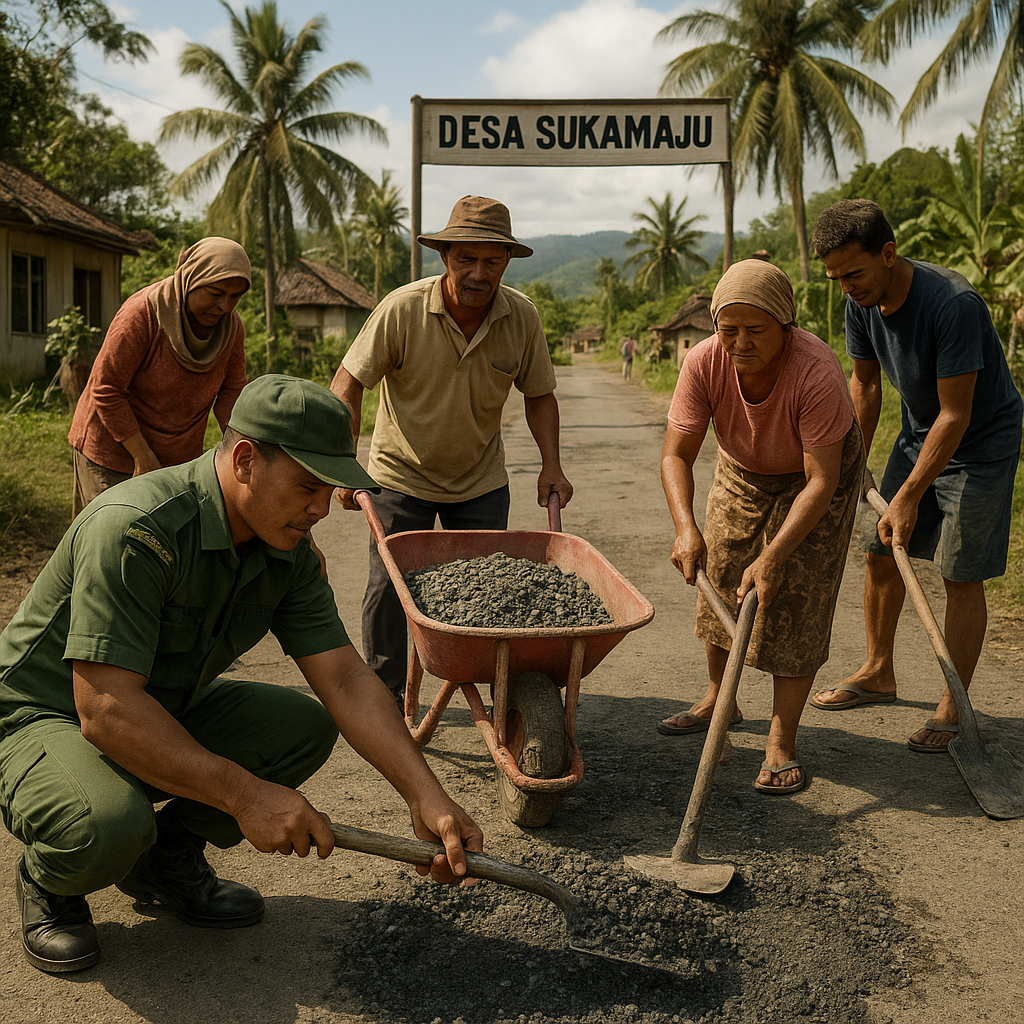 Babinsa Koramil 05/Krg Bantu Warga Perbaiki Jalan Rusak di Desa Sukamaju