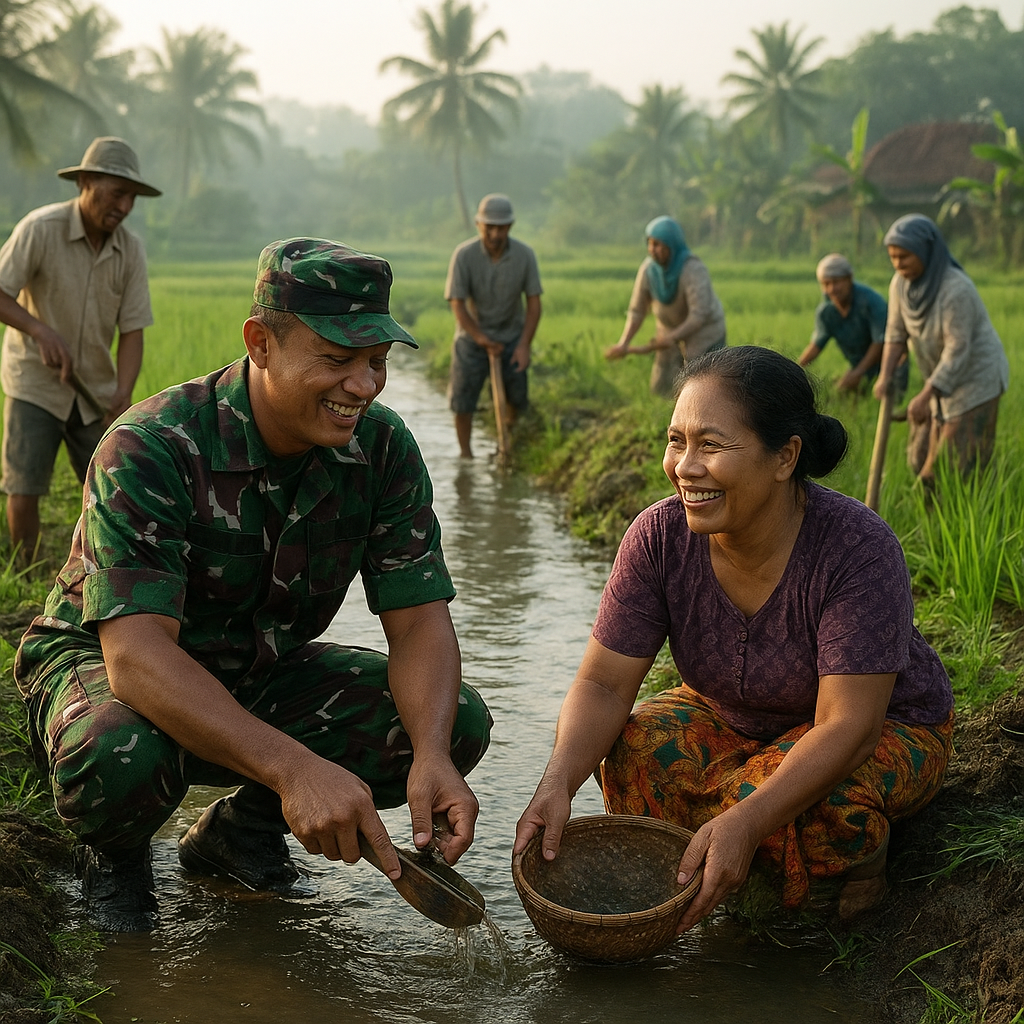 Sumringah di Sela Sawah: Bintara Pembina Desa Ajak Warga Rawat Irigasi Bersama