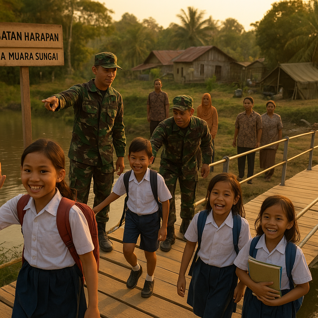 TNI Bangun 'Jembatan Harapan', Anak-Anak Desa Muara Sungai Kembali Bersekolah Tanpa Risiko