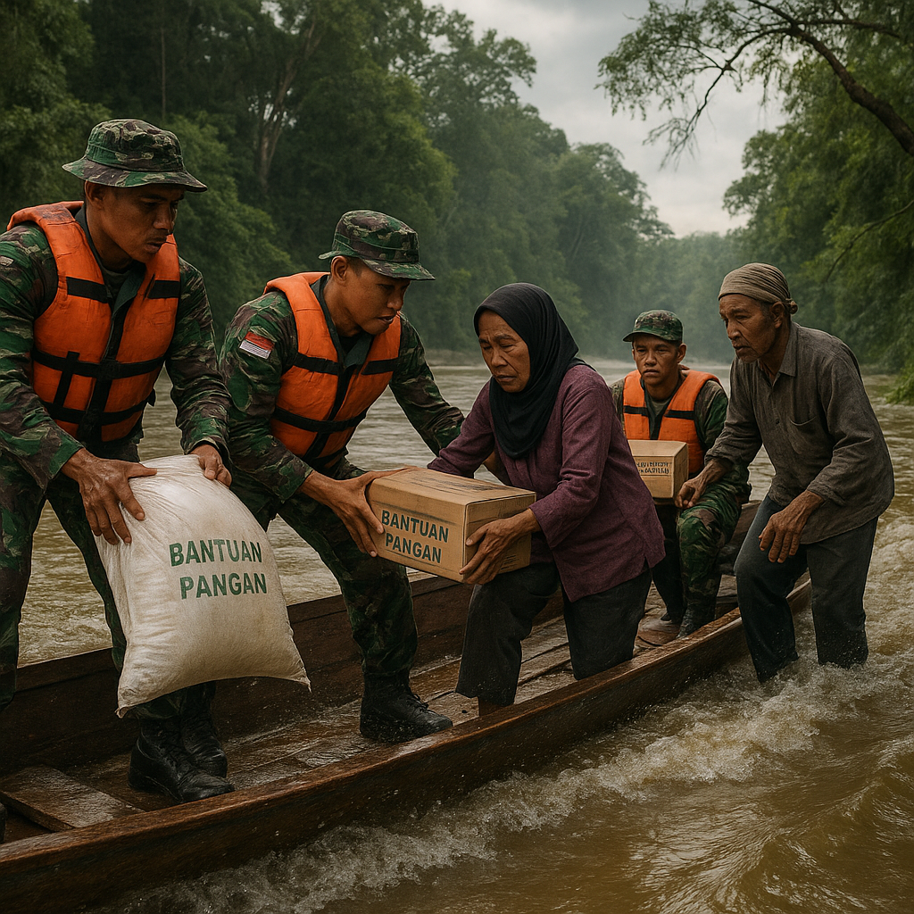 Kegigihan Prajurit TNI Antar Bantuan Pangan Lewat Jalur Susur Sungai Berbahaya