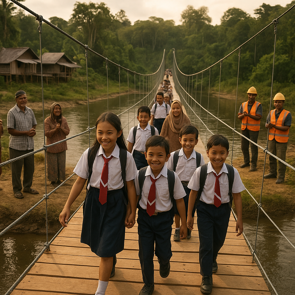 Jembatan Penghubung Akhirnya Terpasang, Anak-anak Sekolah Tak Lagi Nyebrang Pakai Getek