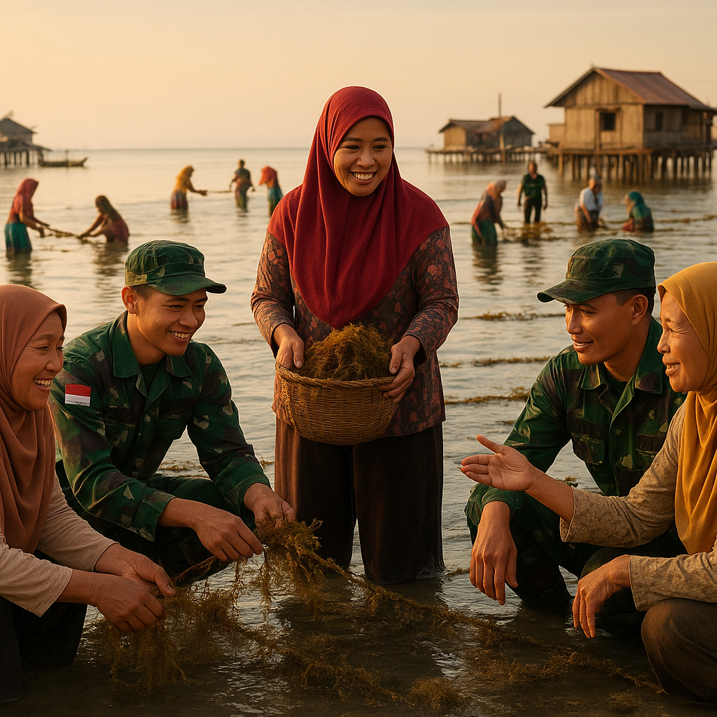 Kisah Hangat Prajurit TNI AD Bantu Ibu-Ibu Pesisir Panen Rumput Laut di Takalar