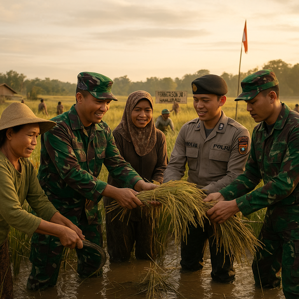 Satgas TNI-Polri Bantu Petani di Perbatasan RI-Malaysia Panen Padi