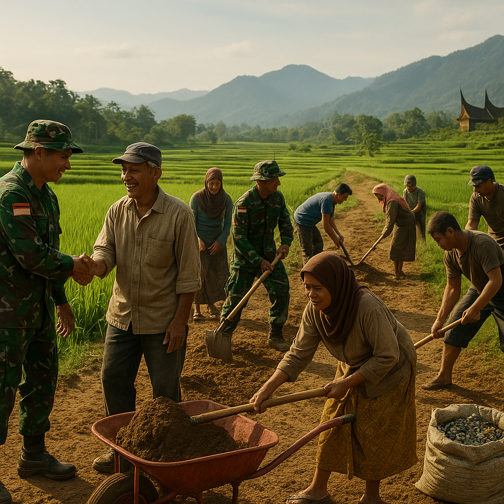 Prajurit TNI dan Warga Nagari Tigo Koto Bersatu Bangun Jalan Setapak Menuju Sawah