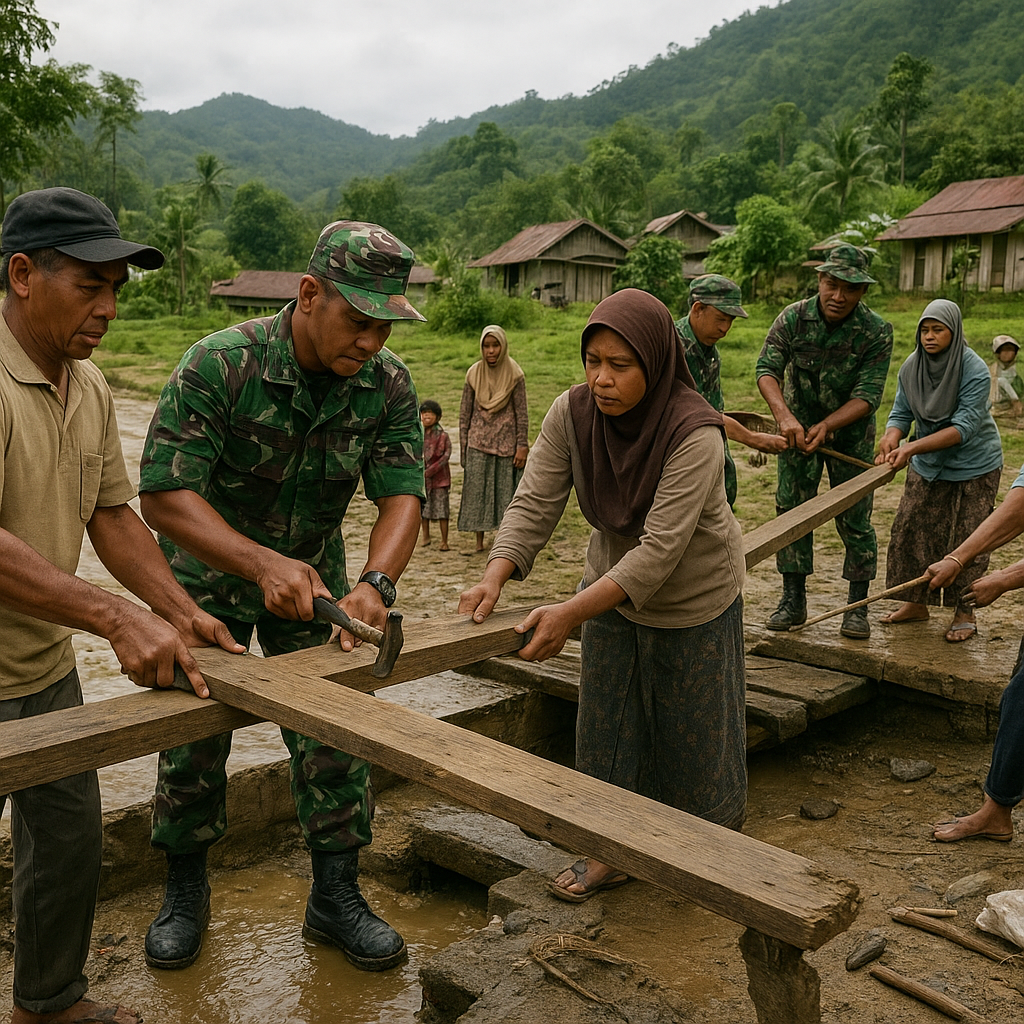 Gotong Royong Warga dan TNI Perbaiki Jembatan Rusak Penghubung Dusun di Aceh Tengah