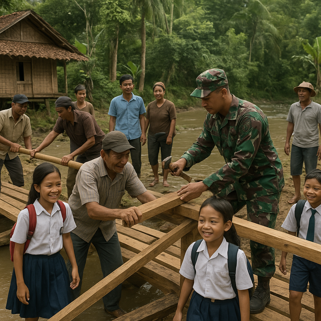 TNI AD Bantu Perbaiki Jembatan Titian, Anak-Anak Sekolah Tak Lagi Khawatir