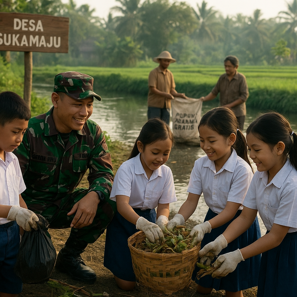 Babinsa dan Anak-Anak Desa Bersihkan Sungai, Hasilkan Pupuk Organik