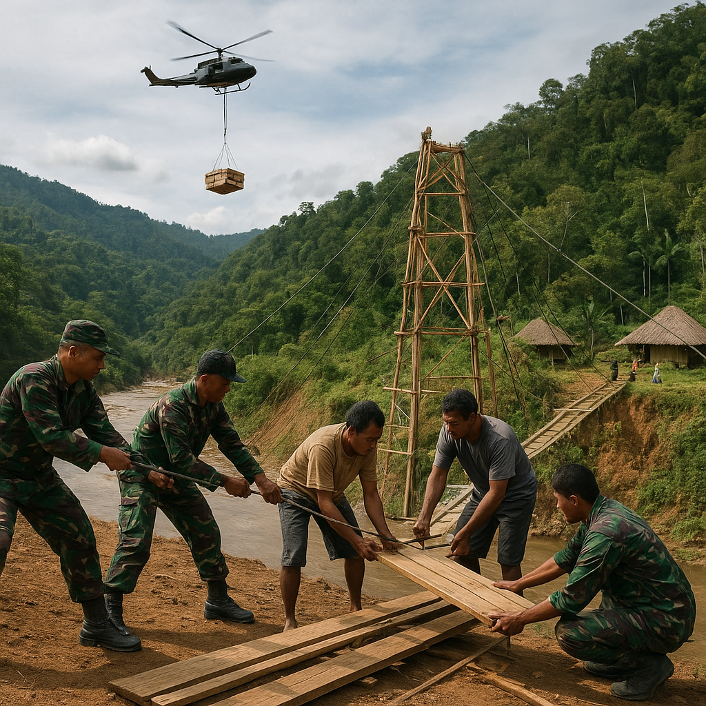 Pembangunan Jembatan Gantung di Desa Tio, Papua, Mulai Dikerjakan TNI Bersama Rakyat