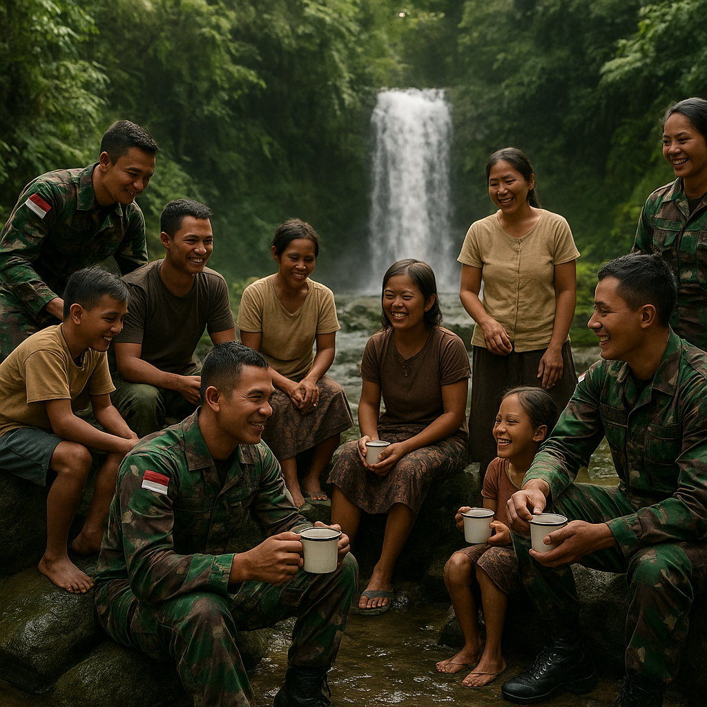 Kebersamaan Satgas TMMD dan Warga di Air Terjun Kampung Sesor, Wujud Kemanunggalan yang Semakin Erat