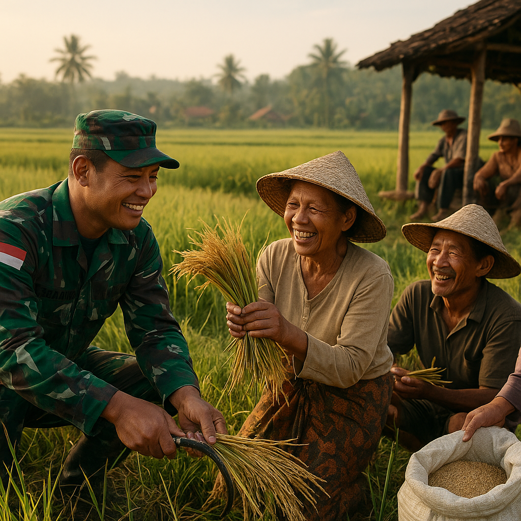 Babinsa Koramil 07 Bantu Warga Panen Padi di Desa Sukamaju