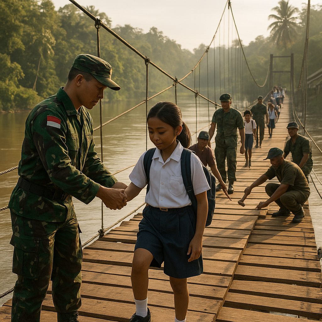 Jembatan Gantung di Pedalaman Kalimantan Diperbaiki TNI, Anak Sekolah Kembali Bisa Lewat dengan Aman