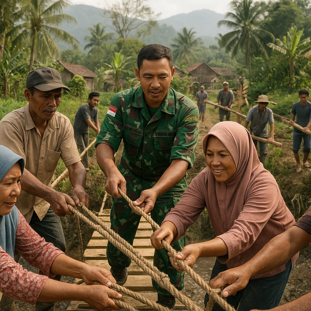 Babinsa Koramil 0823 Bantu Warga Desa Sumberejo Bangun Jembatan Gantung