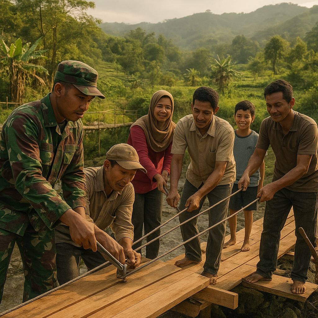 Babinsa dan Warga Gotong Royong Bangun Jembatan Gantung di Dusun Terasing