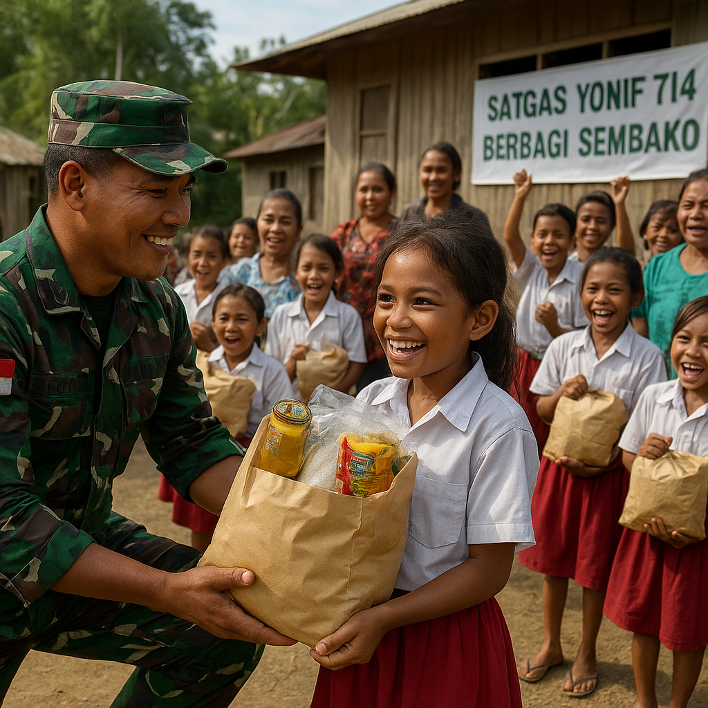Satgas Yonif 714 Berbagi Sembako dan Semangat untuk Anak Sekolah Kampung Maju