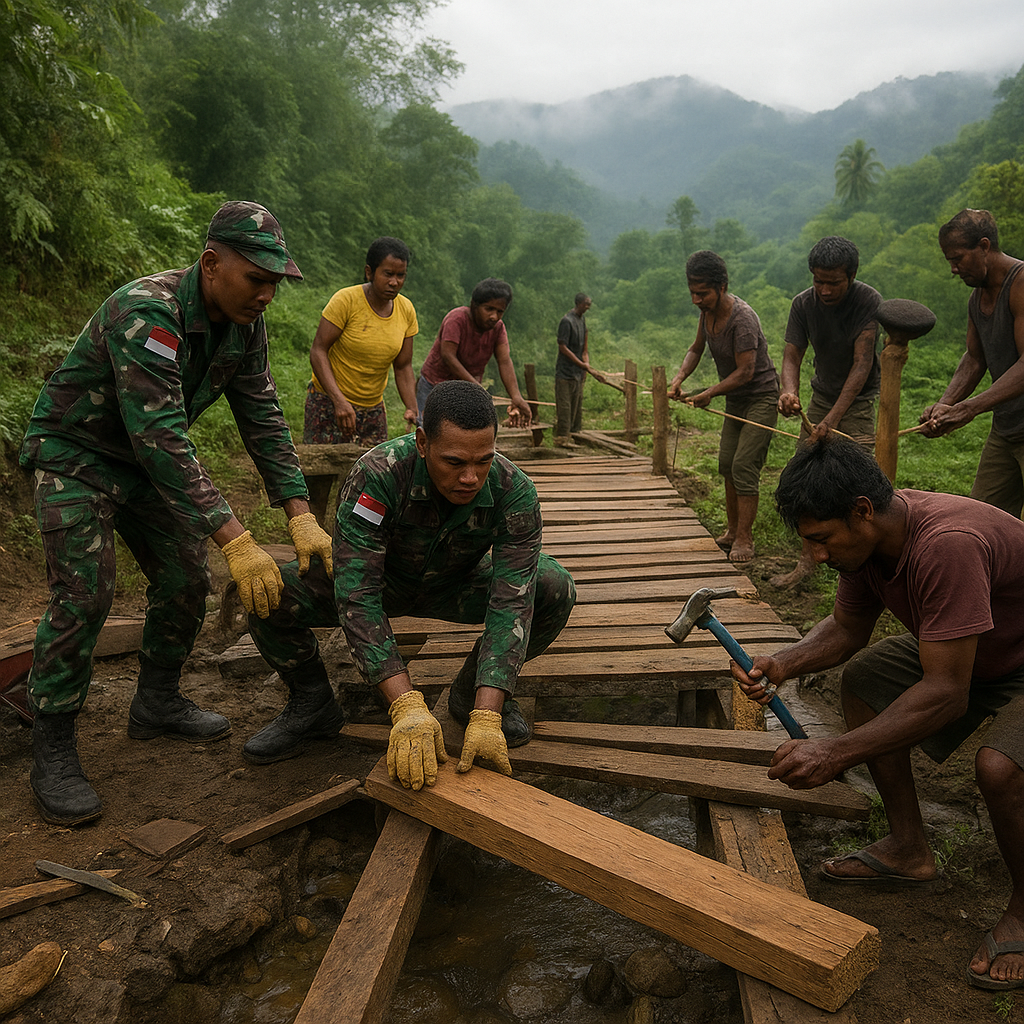 TNI AD Bantu Perbaiki Jembatan Rusak Penghubung Dua Kampung di Pegunungan Bintang