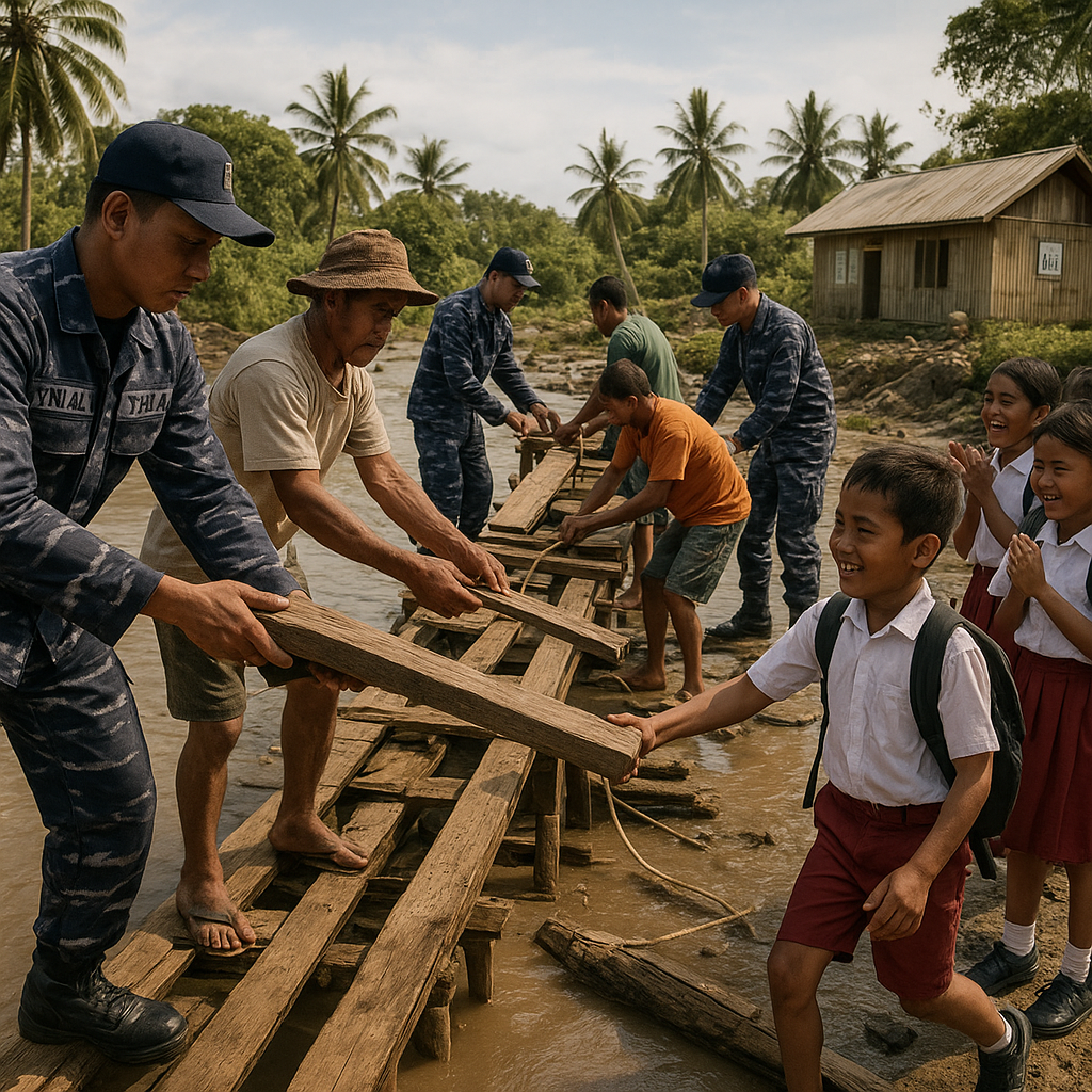 TNI AL Bantu Perbaiki Jembatan Putus, Anak-Anak Sekolah di Pulau Terpencil Kembali Bersemangat