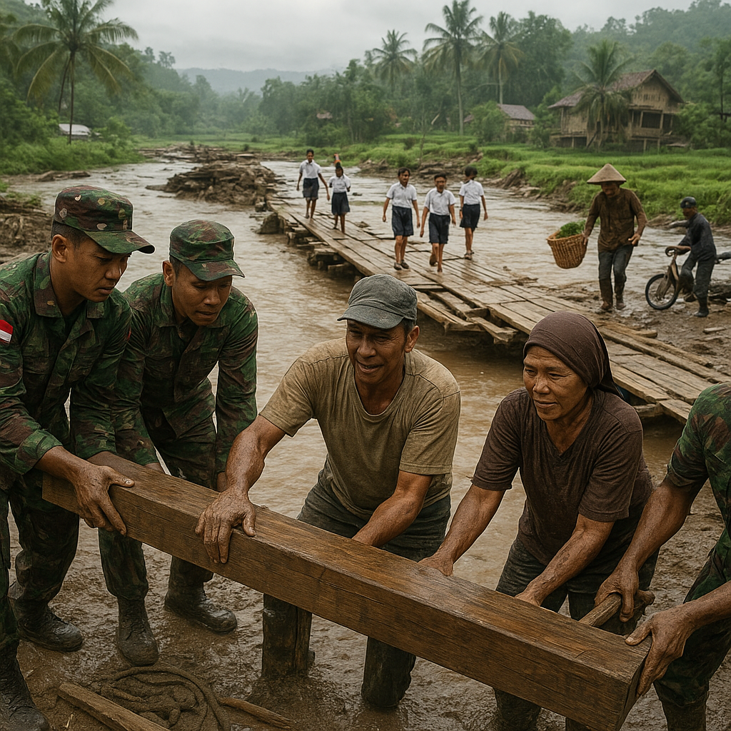 Satgas TNI Bantu Perbaiki Jembatan Putus di Desa Tapian, Warga Kini Bisa Akses Pasar