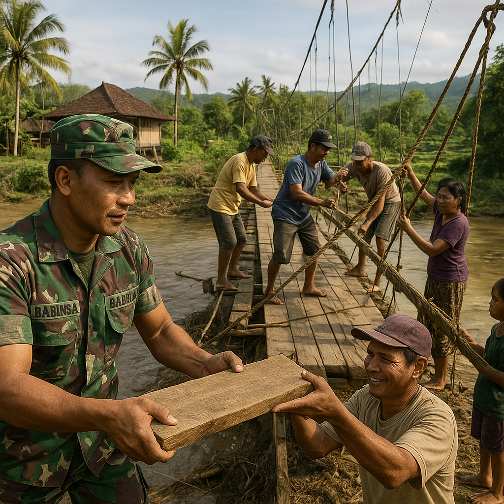 Babinsa Koramil 03/Petang Bantu Warga Desa Carangsari Perbaiki Jembatan Gantung