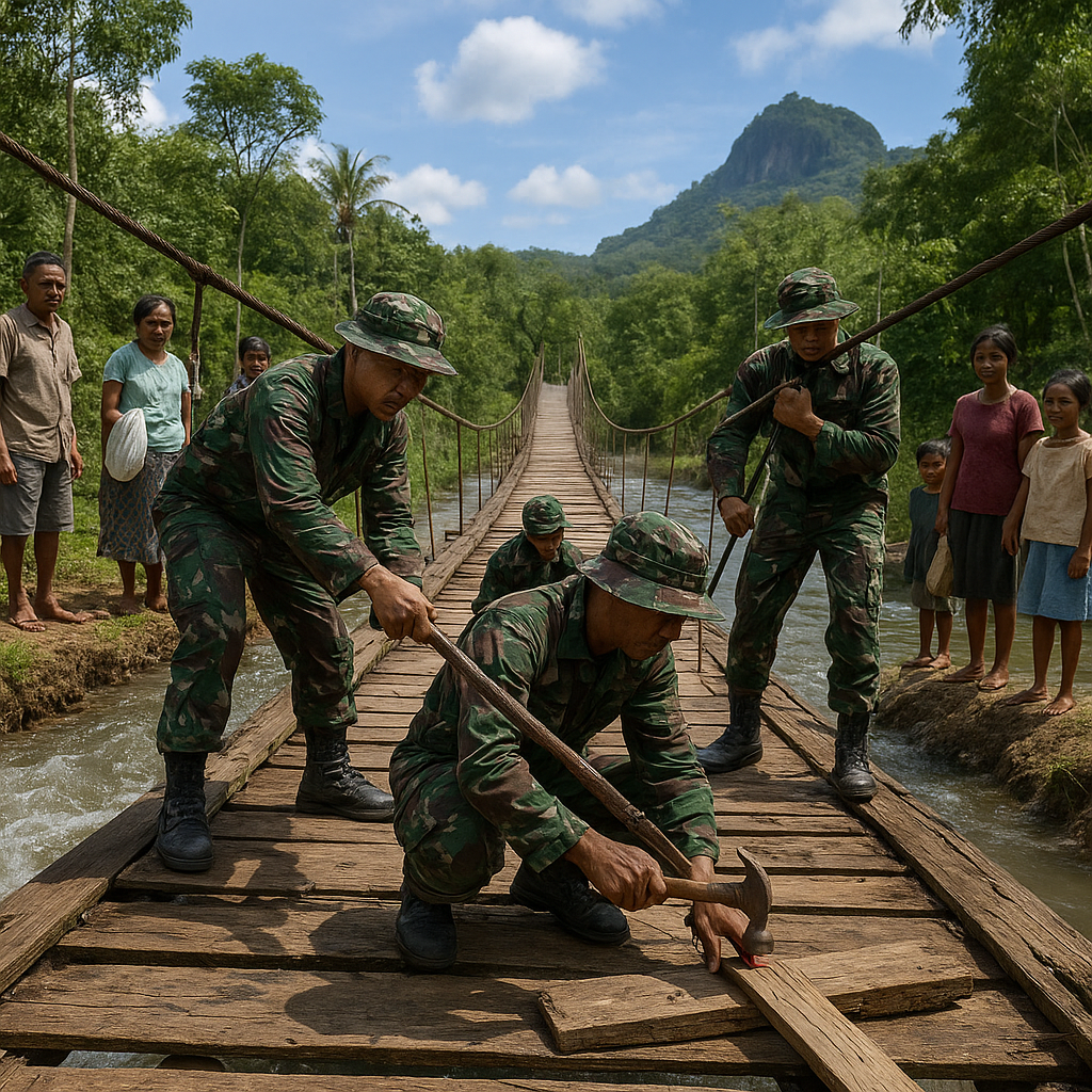 Jembatan Gantung di Pelosok Halmahera Barat Akhirnya Diperbaiki Satgas TNI