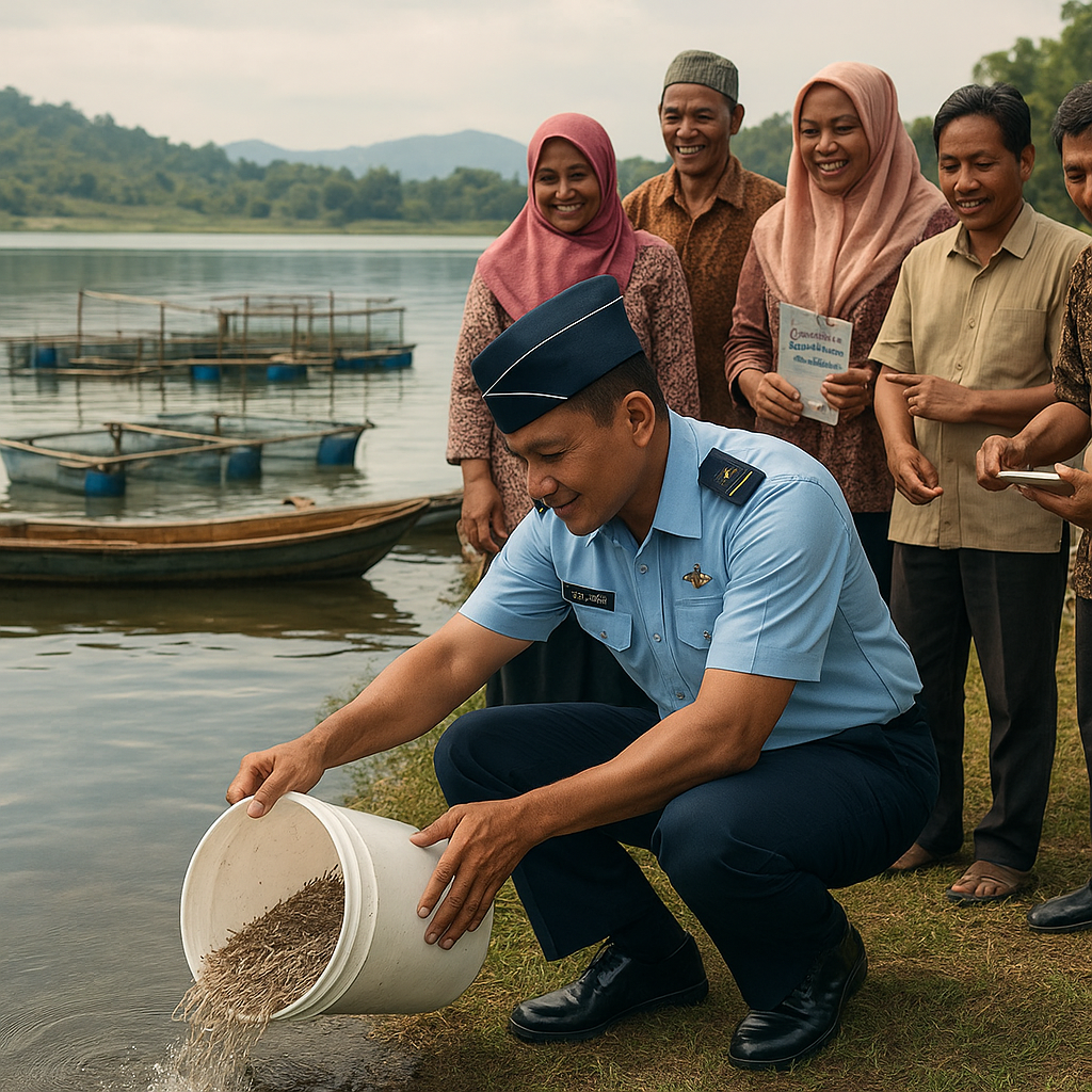 TNI AU Tebar Bantuan Benih Ikan di Danau Desa, Warga Mulai Budidaya Keramba