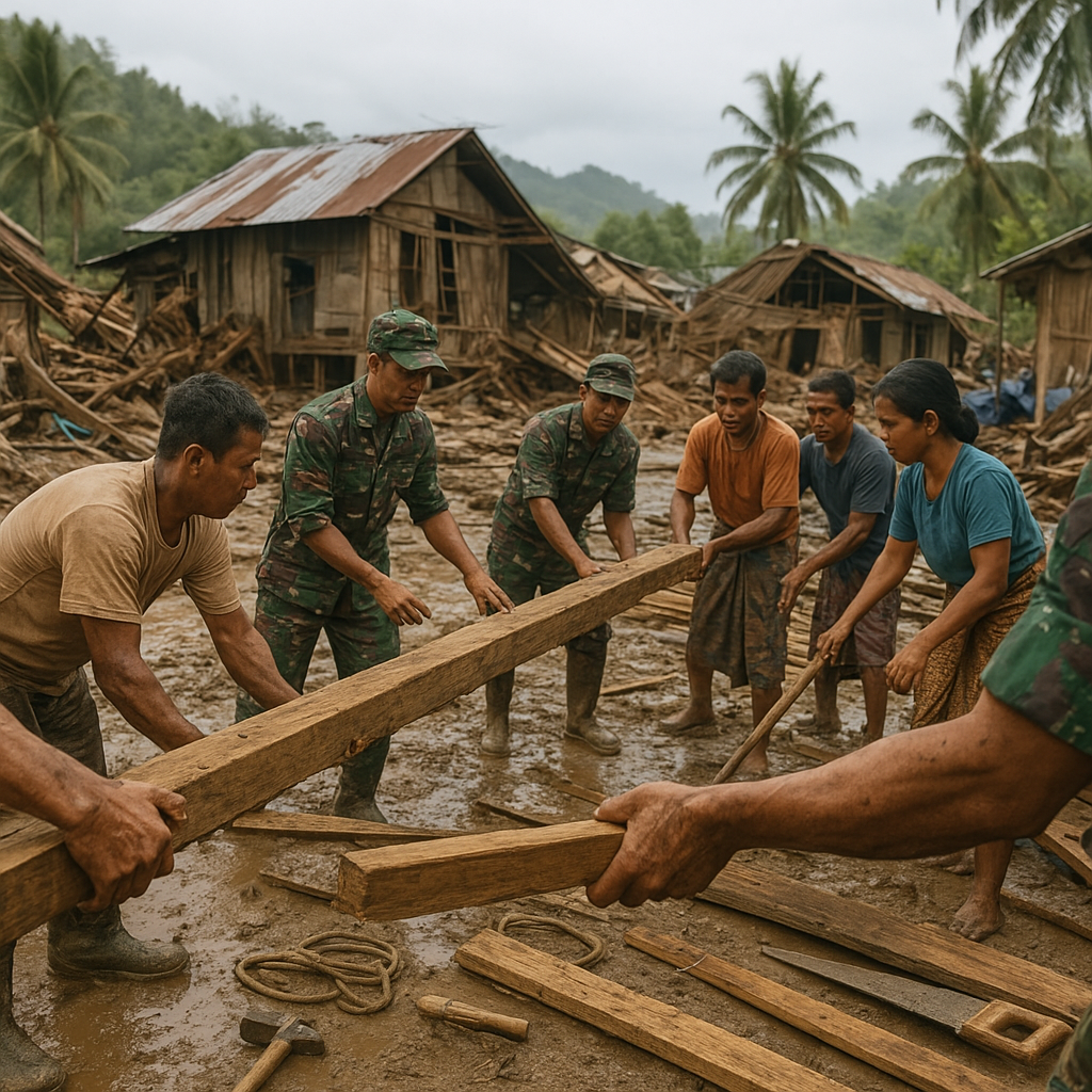 Satgas TNI Bantu Warga Pedalaman Sulawesi Terdampak Banjir Bandang Bangun Kembali Rumah