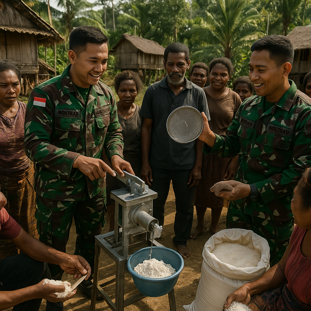 Prajurit Kostrad Ajarkan Teknologi Tepat Guna Pengolah Sagu kepada Masyarakat Papua Tengah