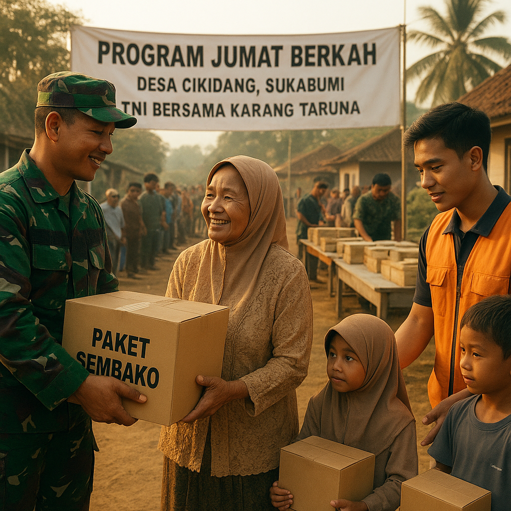 Program Jumat Berkah di Desa Cikidang: TNI Bagikan 500 Paket Sembako untuk Lansia dan Yatim