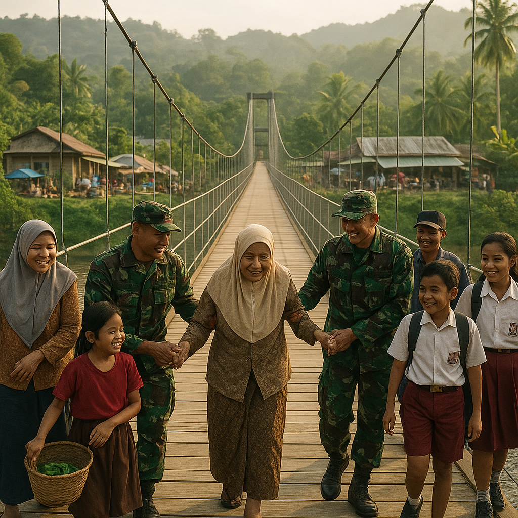 TNI Bangun Jembatan Gantung di Desa Terpencil, Warga Tak Lagi Susah ke Pasar