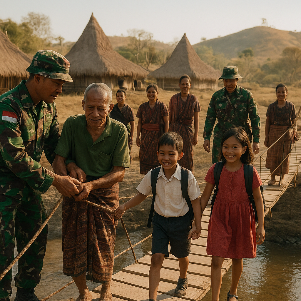 TNI AD Bantu Bangun Jembatan Gantung, Warga Desa Terpencil di Sumba Tersenyum Lega
